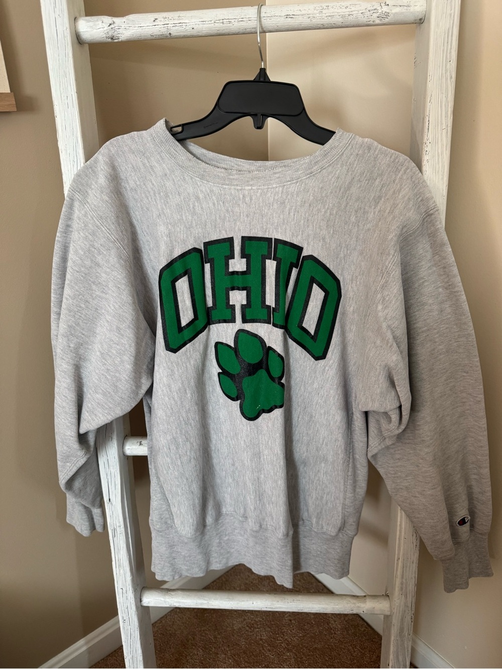 Champion Light Gray Crewneck with Green Ohio Paw Logo